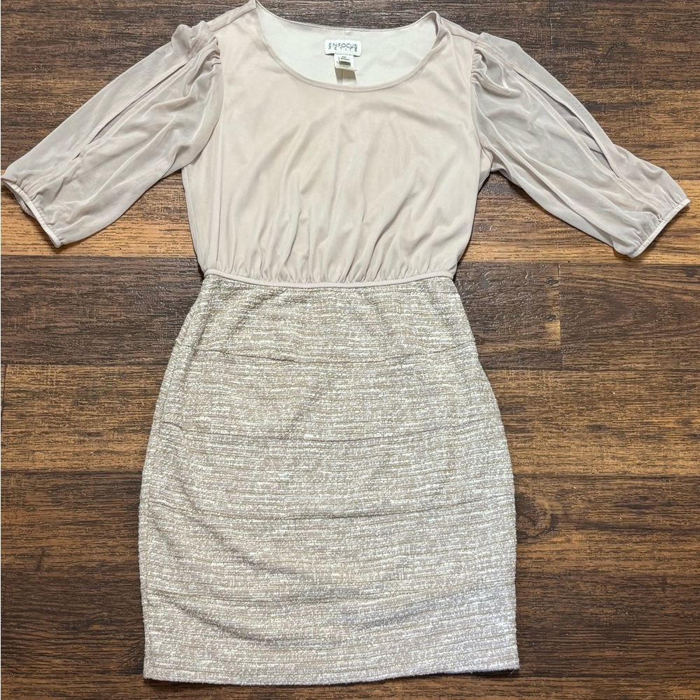 Neutral Beige Mesh-Sleeve Cocktail Dress